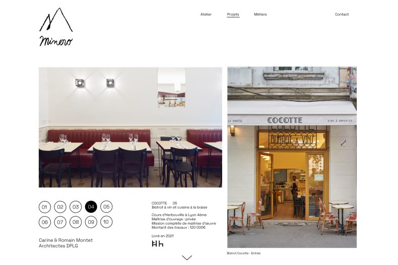 Identité visuelle web UX / UI photographies d'espaces pictogrammes pour Minero Architectes